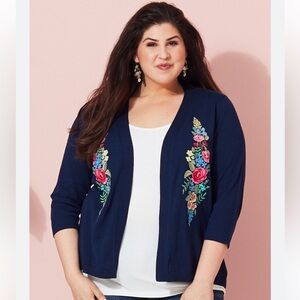 Leo & Nicole Navy Open‎ Front Embroidered Floral Cardigan. Size PXL.